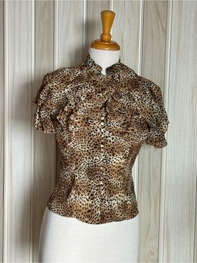 Givenchy Leopard Ruffle Button-Front Blouse - Brown (100% Silk)